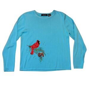 Y2K Aqua Blue Sequin Embroidered Red Cardinal in the Pines Sweater (M)